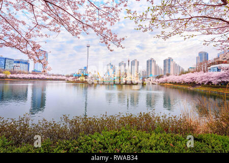 SEOUL, KOREA - APRIL 5, 2015:Lotte World, Amusement park, tourist in spring with cherry blossoms in Seoul South Korea on April 5, 2015 Stock Photo