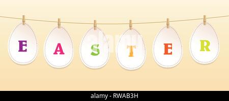 paper easter eggs hang on a ribbon with clothespin vector illustration EPS10 Stock Vector