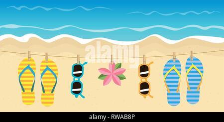striped flip flops and sunglasses hang on a rope on the beach vector illustration EPS10 Stock Vector