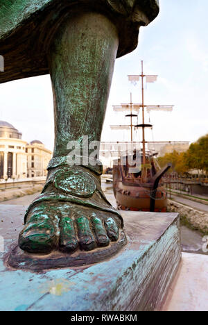 the Vardar River and an attraction ship;Skopje, Northern Macedonia; Stock Photo