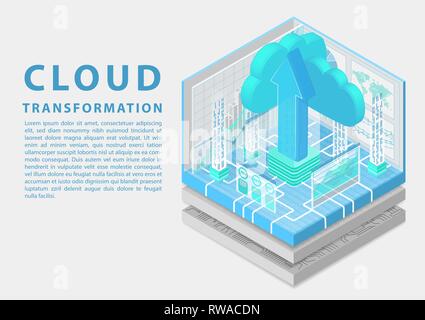 Cloud transformation concept with symbol of floating cloud and upload arrow as isometric 3d vector illustration Stock Vector