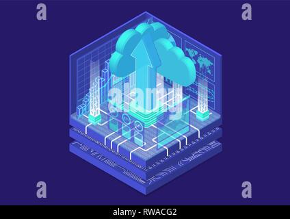 Cloud transformation concept with symbol of floating cloud and upload arrow as isometric 3d vector illustration Stock Vector