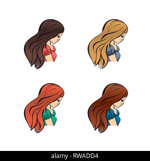 Set of cute girls with different color hand drawn outline style design vector illustration isolated. Cartoon flat icons Stock Vector