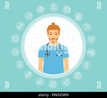 A happy doctor dressed in a white lab coat. A Contemporary style. Vector flat design illustration isolated on white background. Stock Vector
