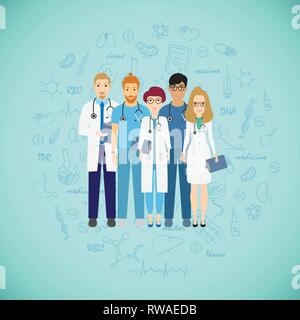 Medicine team concept with different doctors. Group of practitioner doctors young man and woman standing together. Consultation Stock Vector