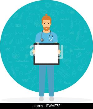 Male doctor showing on the white board. Medical staff at the workplace. Stock vector illustration. Stock Vector