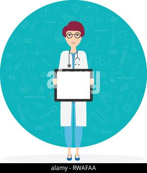 Woman doctor showing on the white board. Medical staff at the workplace. Stock vector illustration. Stock Vector