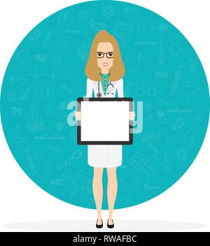 Female doctor showing on the white board. Medical staff at the workplace. Stock vector illustration. Stock Vector