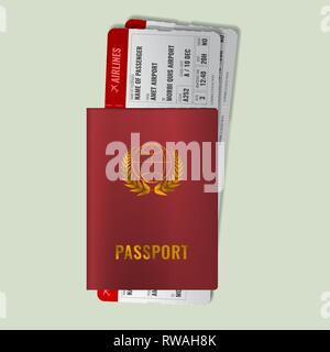 International passport with boarding passes. Two red Airline tickets with red international passport. Realistic vector illustration. Stock Vector
