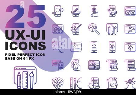UX UI Application outline gradient icons set base on 64px, Pixel perfect alignment process icon. Stock Vector