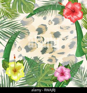 Tropical backdrop with frame or border made of tropical flower and leaves and place for text and leopard skin background. Flat vector illustration. Stock Vector