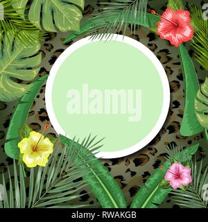 Tropical backdrop with frame or border made of tropical flower and leaves and place for text and leopard skin background. Flat vector illustration. Stock Vector