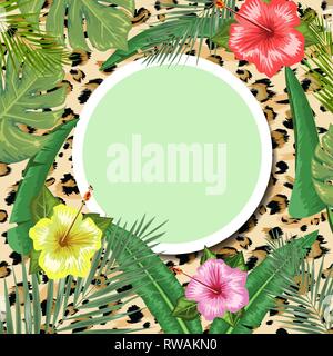 Tropical backdrop with frame or border made of tropical flower and leaves and place for text and leopard skin background. Flat vector illustration. Stock Vector