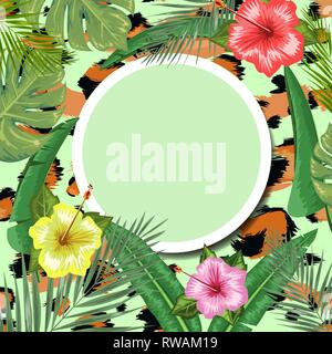 Tropical backdrop with frame or border made of tropical flower and leaves and place for text and leopard skin background. Flat vector illustration. Stock Vector