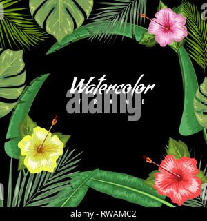 Tropical backdrop with frame or border made of tropical exotic foliage and leaves and place for text. Flat watercolor vector illustration. Stock Vector