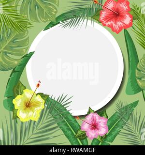 Tropical backdrop with frame or border made of tropical exotic foliage and leaves and place for text. Flat watercolor vector illustration. Stock Vector