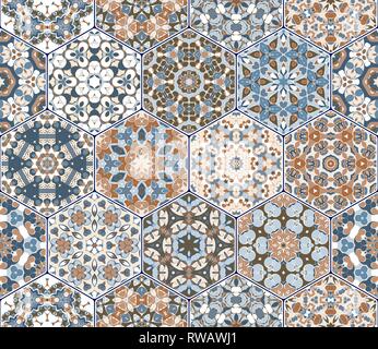 Seamless hexagonal mosaic tiles in vector set. Oriental and ethnic motifs in design patterns. Stock Vector