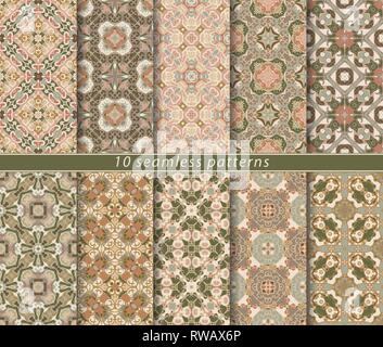 Set of ten classic seamless patterns in bright orange colors. Decorative and design elements for textile, book covers, manufacturing, wallpapers, prin Stock Vector