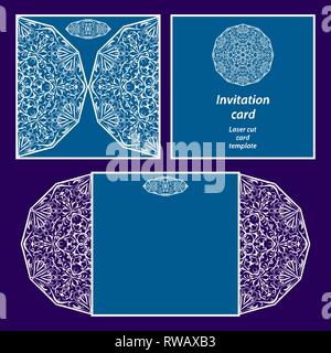 Wedding invitation or greeting card with classical ornament. Picture suitable for laser cutting or printing. Vector white pattern on a lilac backgroun Stock Vector