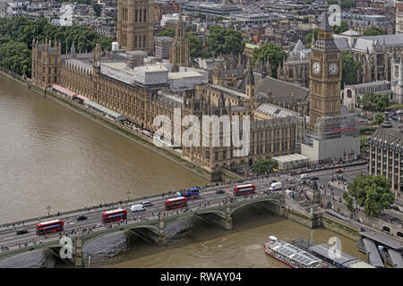 Aerial view of Westminster bridge with red double deckers, Westminster Palace, River Thames and Big Ben in London Stock Photo