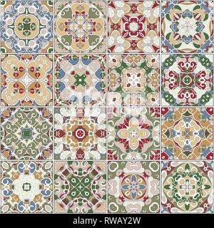 A collection of ceramic tiles in retro colors. A set of square patterns in ethnic style. Vector illustration. Stock Vector