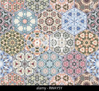 A rich set of hexagonal ceramic tiles. Eastern colored carpet. Colorful elements in oriental style. Vector illustration. Stock Vector