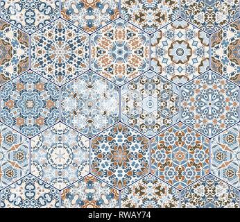 Seamless hexagonal mosaic tiles in vector set. Oriental and ethnic motifs in design patterns. Stock Vector