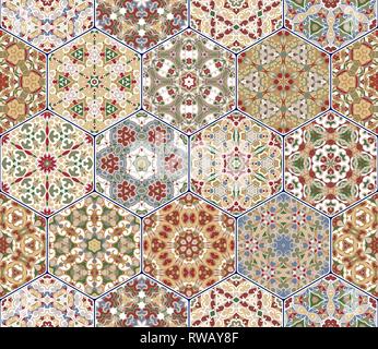 Seamless hexagonal mosaic tiles in vector set. Oriental and ethnic motifs in design patterns. Stock Vector