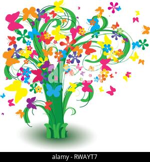 Abstract spring background with green tree and butterflies isolated on white, vector illustration Stock Vector