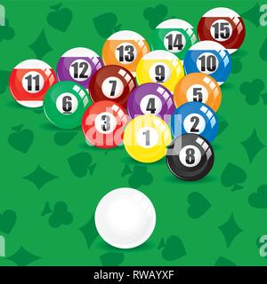 Billiard soccer and pool balls on green background, vector illustration Stock Vector