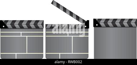 Set of gray cinema clapboards, movie clapper boards, closed and open, isolated on white background, vector illustration Stock Vector