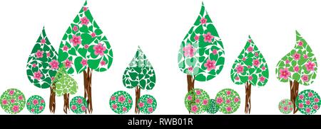 Fresh spring seamless eco background with blooming trees with lacy crown and pink flowers isolated on white, vector illustration Stock Vector