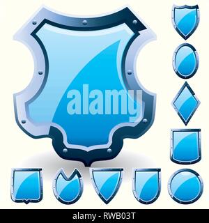 Set of security shield, coat of arms symbol icon, blue, vector illustration Stock Vector