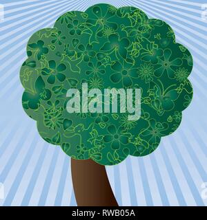 Green tree made from flovers, birds, rabbits, butterflies and leaves, vector illustration Stock Vector