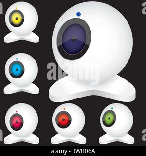 Set of white webcams with bright lights in different positions, isolated on black, part 5, vector illustration Stock Vector