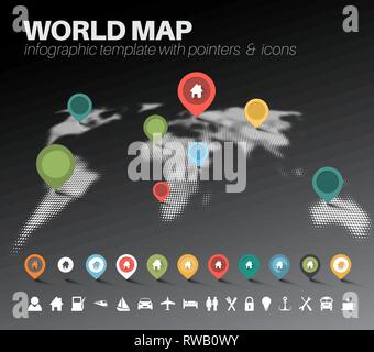 World map made by halftone effect with pointers marks and icons - dark version Stock Vector