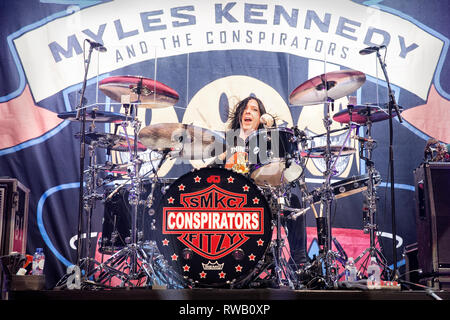 Norway, Oslo - February 27, 2019. The American musician and guitarist Slash performs a live concert with Myles Kennedy & The Conspirators at Sentrum Scene in Oslo. Here drummer Brent Fitz is seen live on stage. (Photo credit: Gonzales Photo - Terje Dokken). Stock Photo