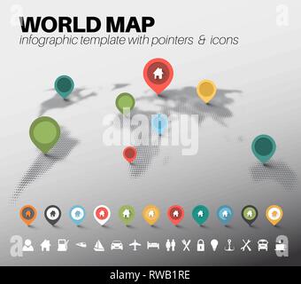 Light World map made by halftone effect with pointers marks and icons - light version Stock Vector