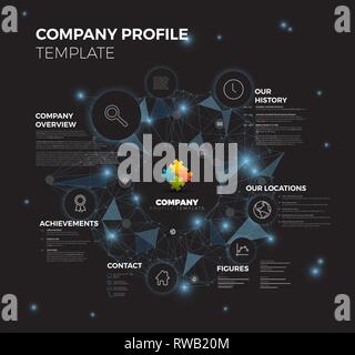 Vector Company infographic overview design template with network in the background - dark blue version Stock Vector