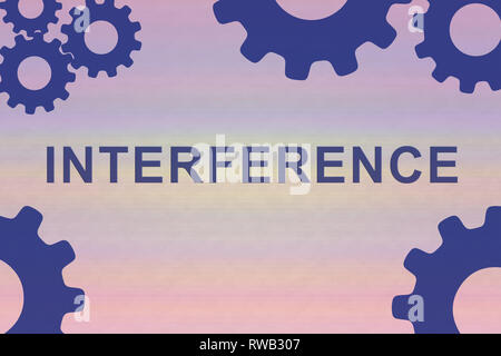 INTERFERENCE sign concept illustration with blue gear wheel figures on colored background Stock Photo