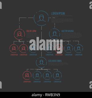 Company management hierarchy schema template with thin line profile icons - dark version Stock Vector