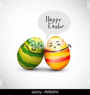 Funny decorated easter eggs with a speech bubble saying Happy Easter Stock Vector