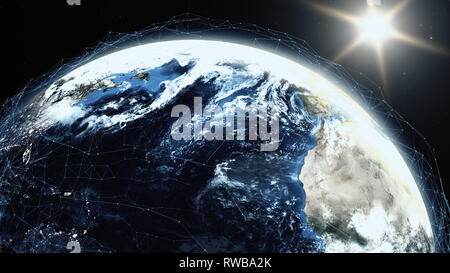 Realistic sunrise over planet Earth with digital data grid mesh around Stock Photo