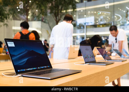 Bangkok, Thailand - February 28, 2019: McBook Pro computer laptop in Apple store at Iconsiam shopping mall, Bangkok, Thialand. Stock Photo