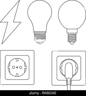 5 line art black and white electric elements set Stock Vector