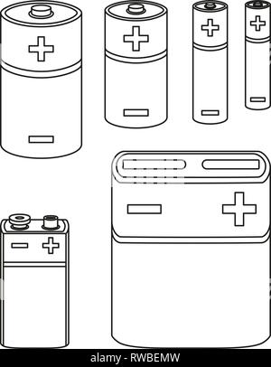 Line art black and white battery collection Stock Vector