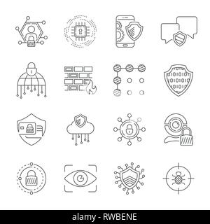 Cyber security, information, data and network protection. Protection technology, web services for business and internet safety. Thin line icons set. E Stock Vector