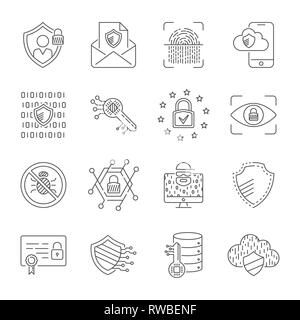 Data protection and cyber security thin line icons set. Cyber security, data and network protection. Protection technology, web services for business  Stock Vector