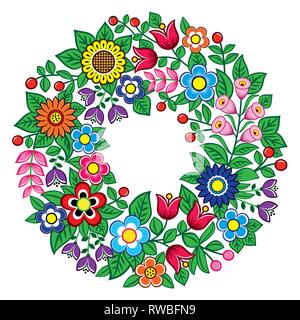 Polish folk art vector floral wreath design - Zalipie decorative pattern with flowers and leaves Stock Vector