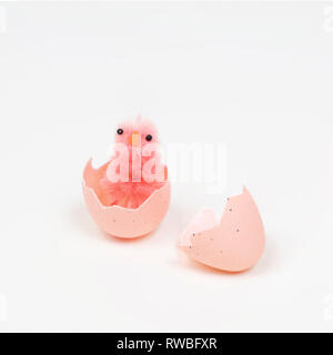 colored easter eggs with little chicks on a white surface Stock Photo